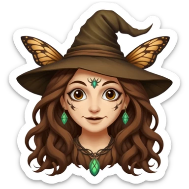 mischievous forest witch woman long wavy brown hair tattoos smirk moth sticker