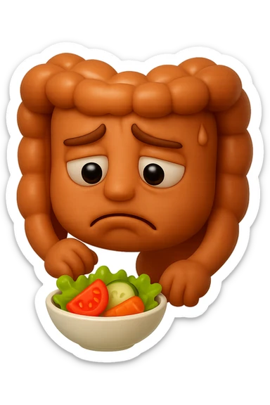 EMOJI STILE IPHONE DI UN INTESTINO UMANO ANATOMICO CHE GUARDA UN INSALATA CON ESPRESSIONE TRISTE E RASSEGNATA IN VOLTO: SOFFRE LA FAME PERCHé è A DIETA, FAGLI ANCHE LA PARTE BIANCA DEGLI OCCHI, NON SOLO LE PUPILLE, IPERREALISTICO 4K sticker
