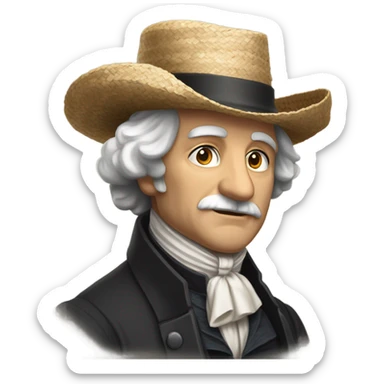 “An older male with a rounded face and calm expression, medium-to-long graying hair under a wide-brim straw hat, wearing a dark historical coat and a white ruffled cravat, evoking early 19th-century style.” sticker