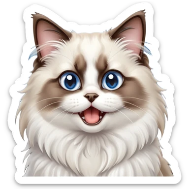 cinematic-adorable-big-eyed-fluffy-dark brown and white ragdoll-cat-portrait-emoji,-head-tilted-playfully-with-a-cute,-yawn,-soft-brown-and white-colored-fur-with-darker-points-on-the-ears,-simplified-yet-irresistibly-cute-features, sparkling blue eyes sticker
