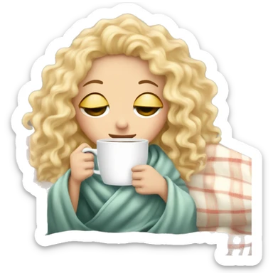 Blonde  hair curly girl inside a blanket sipping coffee eyes closed sticker