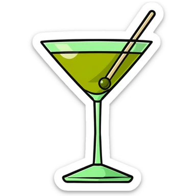 martini glass with completely colorless transparent liquid like pure water, with a green olive at the bottom skewered by a toothpick sticker