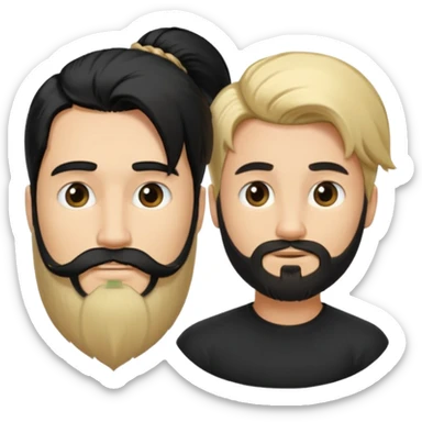 Man with long black hair tied in a tail and beard with a young blond with short hair but no beard sticker