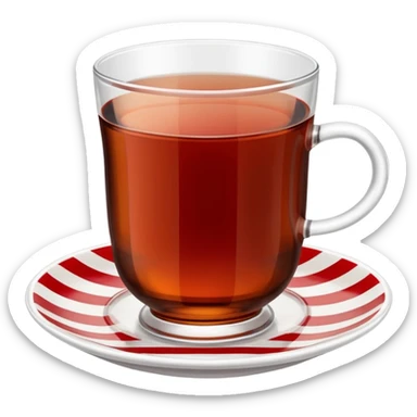 close-up of a Turkish tea glass filled with dark tea, on a white saucer with red stripes, side view, detailed, realistic sticker