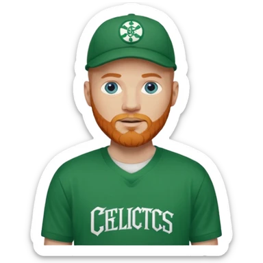 Bald white man with ginger beard and blue eyes in Celtics jersey over tshirts with cap sticker