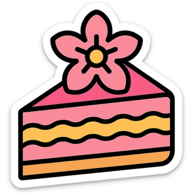 Add a cherry blossom flower on top of the sakura cake, keep the color outline icon style, no background. sticker