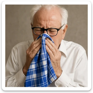 old man with white hair, white skin, black-framed glasses, wearing a white shirt, blowing his nose on a large thick blue and white checkered handkerchief sticker