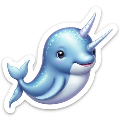 Cinematic Cute Cute Narwhal Portrait Emoji, Head tilted playfully and inquisitively, featuring a charming, sleek body with softly iridescent skin, a prominently spiraled tusk and large, twinkling eyes full of gentle wonder, Simplified yet irresistibly adorable features, highly detailed, glowing with a warm, inviting ocean glow, high shine, affectionate and lively, stylized with a touch of magical sea whimsy, soft glowing outline, capturing the essence of a mischievous yet endearing cute narwhal that seems as if it could frolic out of the screen into your heart! sticker