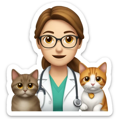 Female doctor with brown hair, with two cats: one white and orange, and one brown orange  sticker