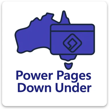 Update the text to 'Power Pages Down Under' in the same clean, modern font style below the map of Australia with the official Microsoft Power Pages icon overlay. Use #403DAD as the main color, no digital web overlay sticker