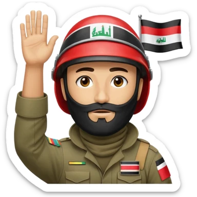surrenders, depicts an Iraqi soldier from 1980, with a beard, in a helmet, a helmet with sign flag Iraq, with a balaclava, with sad eyes and both hands raised up sticker