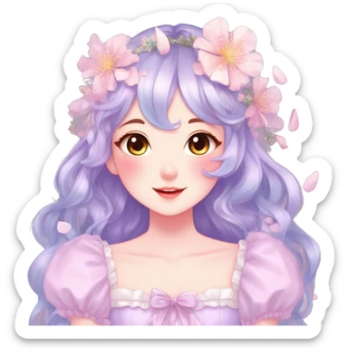 Gorgeous pastel anime style lady with blushing face with flower petals around  cottagecore fairycore pastelcore shiny colorful pearly petite simplistic aesthetic trending style sticker