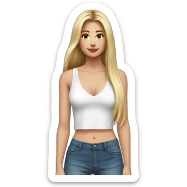 hyperrealistic caucasian blonde, long straight hair, white deep v-neck crop tanktop sticker