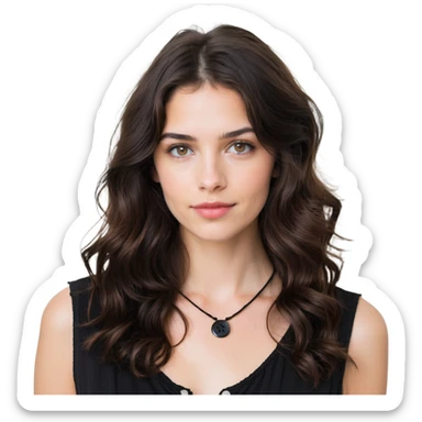 27 year old Caucasian woman with fair skin, brown eyes, long wavy dark brown hair, wearing a black top with a button sticker