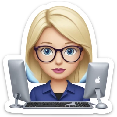 donna bella, occhi azzurri con occhiali, capelli medi, lisci e biondi, lavora usando lo schermo pc. Labbra color malva chiaro sticker