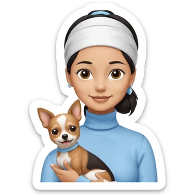 tan skin woman, with short black hair in a slicked back ponytail with forehead showing, with white headband, wearing solid pastel blue turtleneck shirt, smiling carrying dark brown-white long-haired chihuahua dog with brown nose sticker