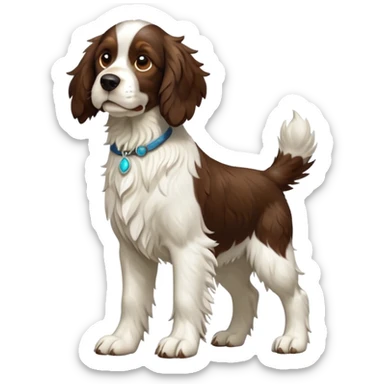 cinematic-[Springer Spaniel]-realistic-full-body-standing-emoji,-tail-resting-loosely-beside-its-paws,-head-tilted-dramatically, -scruffy-[brown and white]-fur,-simplified-yet-realistic-focused-features,-highly-detailed,-glowing-with-an-almost-sarcastic-glow sticker