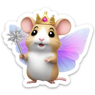 A hamster wearing fairy wings and a tutu holding a magic wand with a princess tiara  sticker