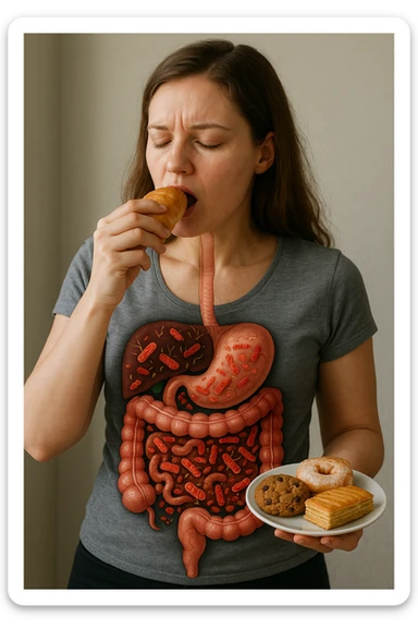 donna con batteri cattivi pieni nel suo intestino immagini realistiche mangia alimentazione ricca di glutine e zuccheri alimentando tutti i batteri cattivi sticker