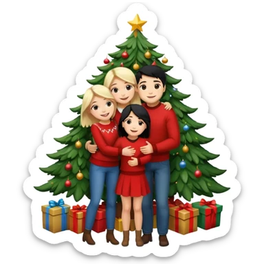 Generate Christmas-style emojis  family. Where light-skinned people stand near the tree all together, hugging and smiling. 2 girl should be Light-haired woman, 1 woman black-haired woman, and 1 man  sticker