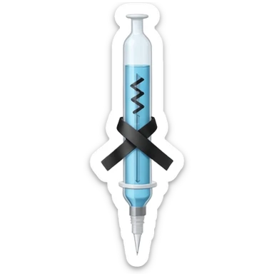 Minimalist emoji-style sticker of a medical syringe with a black tape X across it. Symbol of silence. Desaturated tones.
 sticker