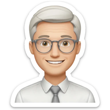 30 yr old pale white man, white/grey side swept stylish hair, round glasses, big smile, white teeth, handsome, longer hair, thin glasses, white dress shirt, smooth forehead, botox sticker