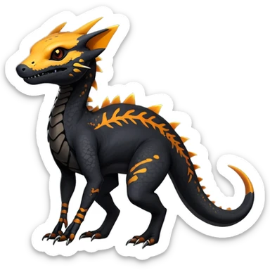 Rare realistic exotic edgy dark gothic gloomy spooky black and orange/yellow epic pretty beautiful handsome gorgeous aesthetic colorful vibrant Vernid-Trico-species-Fakemon-Salandit-hybrid-creature by LiLaiRa, 4 legs, 1 tail, random markings, (full body) sticker