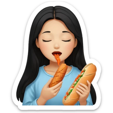 Girl black long hair eat kimchi close eyes baguette sticker