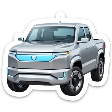 A futuristic electric pickup truck emoji, silver chrome body, angular cyber design, smooth metallic panels, subtle reflections, minimalistic proportions, iOS emoji style, centered composition, clean white background, soft lighting sticker