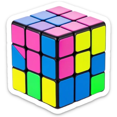 A 3x3 Rubik's Cube with bright 90s American colors, neon pink, electric blue, neon green, vibrant yellow, and purple, minimalist design sticker