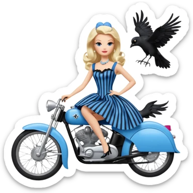 Blonde Silkstone Marie Antoinette Barbie enid sinclair from academy in a blue and black vertically-striped classic dress. riding hot rod bikes with crows sticker