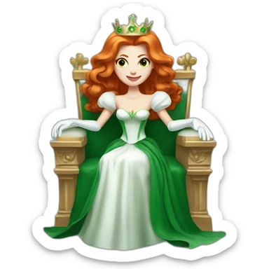 white skin redhead queen with straight hair wearing white gloves on her throne, wearing a green dress sticker