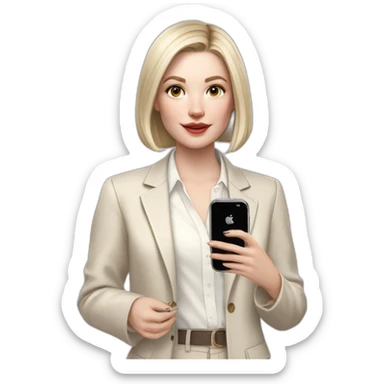 pale skin woman with ash blonde Straightened bob Hair, White Spacious classical jacket, beige palazzo Arrow pants and gray blouse holding white IPhone 14 pro in the hands sticker