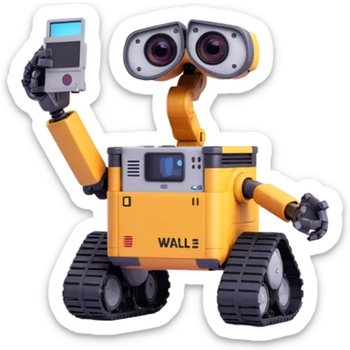 Wall-E robot taking a picture, 3D style, detailed and charming sticker