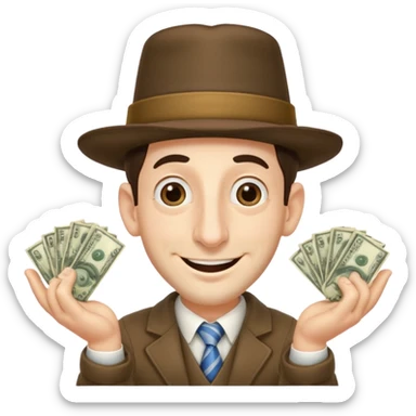 Jewish man with a big nose having his hands clenched together while smiling when he sees money , add the side curls and the funny hat , add the side curls please c sticker