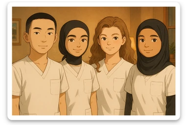 Portrait of four nursing students side by side in a warm indoor setting, wearing white short-sleeved uniforms with V-neck collars and left chest pockets. No undershirts or medical accessories. Variations in lighting and indoor decor, Ghibli style. sticker
