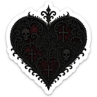 goth heart, black and deep red, ornate lace, subtle skull or cross motif, moody atmosphere, no background sticker