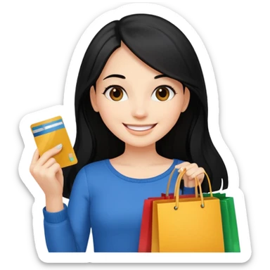 Girl with long black hair holding shopping bags and credit card sticker