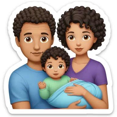 Tan skin Dad with short curly hair and mom with wavy black hair with a baby with short curly hair sticker