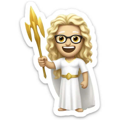 white Poseidon with gold Trident and glasses. long hair white dress. smile . eye wink. point us with index sticker