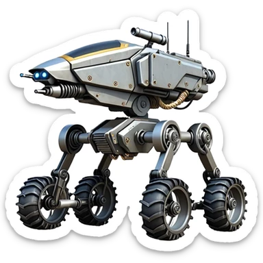 unstoppable jumping accurate 8-wheel armored canine sporty self-balancing massive mech trail vehicle shooting forward side-hill leaning actively robotically articulating hydraulic independent suspended pod gimbal enemy mech off-road racing rover with large fast engine RC basher crawler megatron  sticker