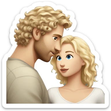White man with scruff with brunette curly wavy hair blue eyes kissing white pretty blonde girl with hazel eyes and blonde layered hair sticker