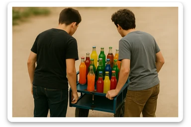 endi shu aravani bir balonchasi singan ko'rinishda va aka uka uning yonida turganini tasvirla yuzlari ko'rinmasin sticker