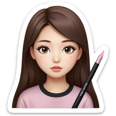 “korean straight long brown hair Emoji girl, soft eyeliner and blush, gradient lips, light brown shimmer eyeshadow sticker