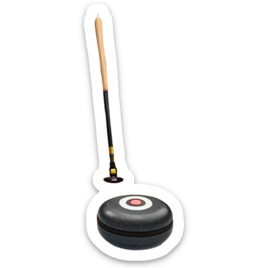 An icon featuring a curling stone in the foreground on an ice sheet with marked target circles. A curling broom rests nearby. In the background, a grand indoor stadium with bright lights and cheering fans. The ice reflects the vibrant colors of the surroundings. Transparent background. sticker