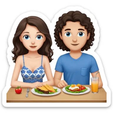 white girl, dark brown long slightly curly hair , skinni but with big breast , septum piercing on nose, beautiful dark gray-blue eyes, having luch with her bf  sticker
