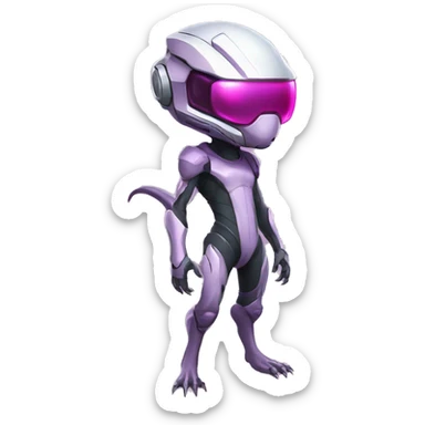 Lizard-Reptile-Raptor-Alien-Genesect-Mewtwo-Fakémon, with pink eyes, with a futuristic visor-helmet, wearing a techwear-suit, Full Body sticker