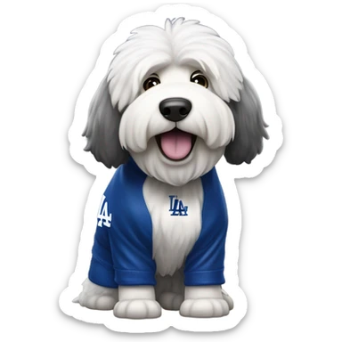 Old English Sheepdog full height wearing a Los Angeles dodgers jersey sticker