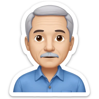Older Hispanic man in his 60s with light skin, round face, wide jaw, broad cheekbones. Expressive dark brown eyes, thick eyebrows. Short gray/white hair with receding hairline. Well-shaved. Friendly expression. Wearing a button-down shirt in blue. sticker