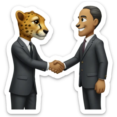 A cheetah in a classic suit shakes hands with a man  sticker